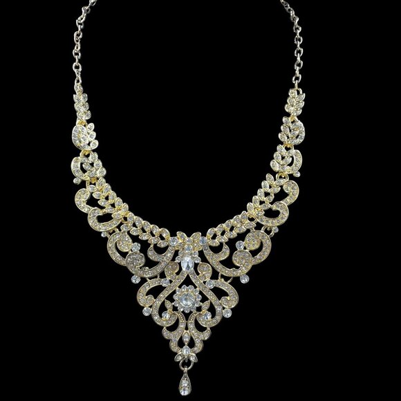 Gold Rhinestone Statement Necklace Earring Set Wedding Glam Elegant Jewelry - Picture 2 of 10